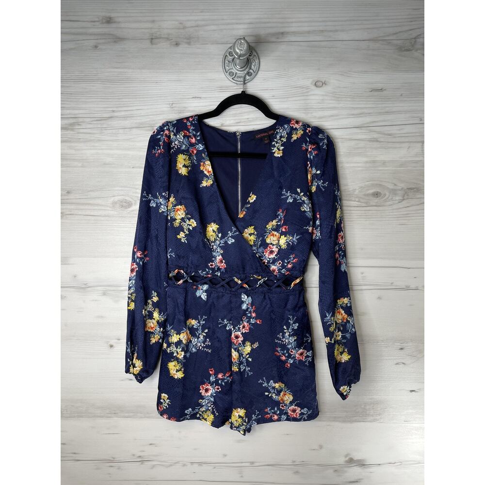 Material Girl Romper Womens Medium Blue Floral Long Sleeve V Neck Wrap Zip Back‎